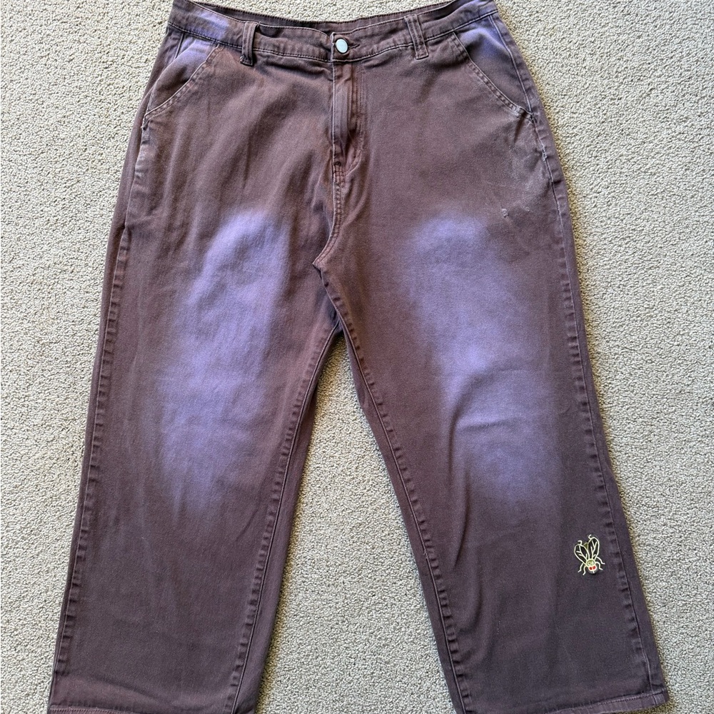 Purple-Brown Cropped Pants with Embroidered Bug Accent